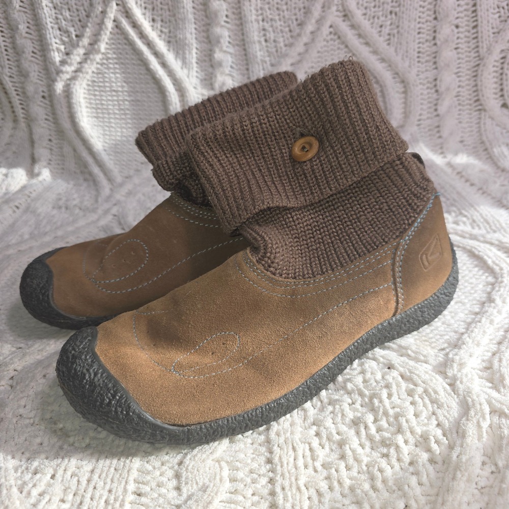 KEEN Suede Knit Cuff Ankle Boots Brown Button Detail Womens 7.5 Good